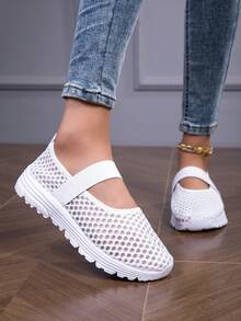 女式透气网眼一脚蹬轻便休闲白色网眼运动鞋 - 白色 - 查看 1