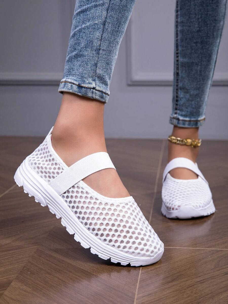 女式透气网眼一脚蹬轻便休闲白色网眼运动鞋 - 白色 - 查看 1