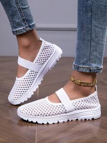 女式透气网眼一脚蹬轻便休闲白色网眼运动鞋 - 白色 - 查看 5