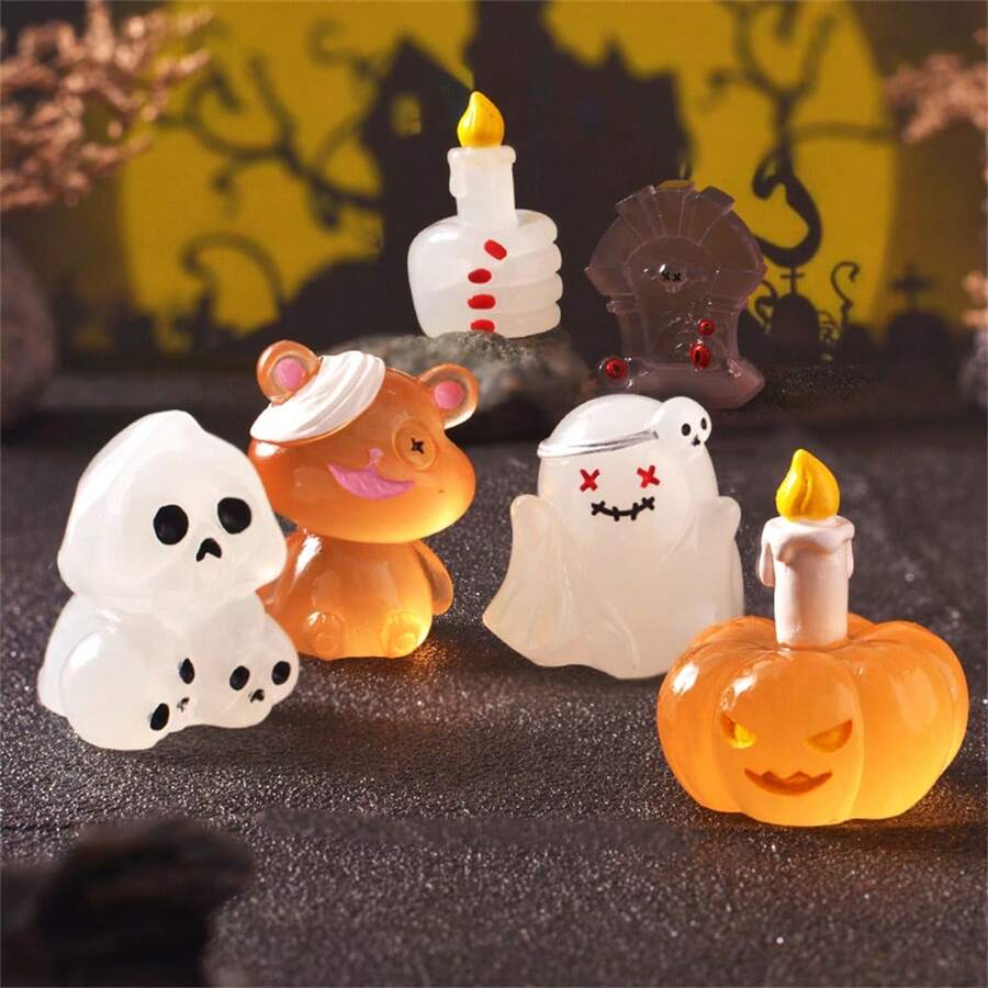 6pcs Halloween Luminous Decor Stone Tablet, Pumpkin Micro Landscape Desktop Ornament, Glowing Car Interior Decor Home Decor Halloween Decor Room Decor
