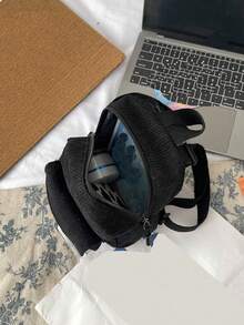 Balo vải nhung kẻ sọc màu trơn mới thời trang họa tiết da báo mini thể thao đa năng thường ngày cho nữ, thích hợp cho du lịch và phong cách đơn giản cho trường học - màu đen - Xem 4