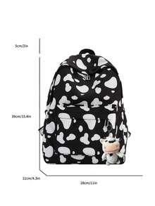 1 pieza Mochila de gran capacidad de uso versátil y multifuncional con compartimento para portátil, estilo clásico y a juego, con estampado de patrón de piel de vaca a todo color, de alta calidad en nylon, con correas ajustables, bolsillos espaciosos, impermeable y con diseño de correa para equipaje - Negro - Ver 3