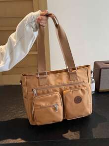 Nuevo bolso de mujer tipo tote de gran capacidad, estilo retro, de unicolor, versátil y elegante, bolso de hombro casual y simple, con correa de hombro ajustable, adecuado para salir, citas, compras y uso diario. - Marrón - Ver 7