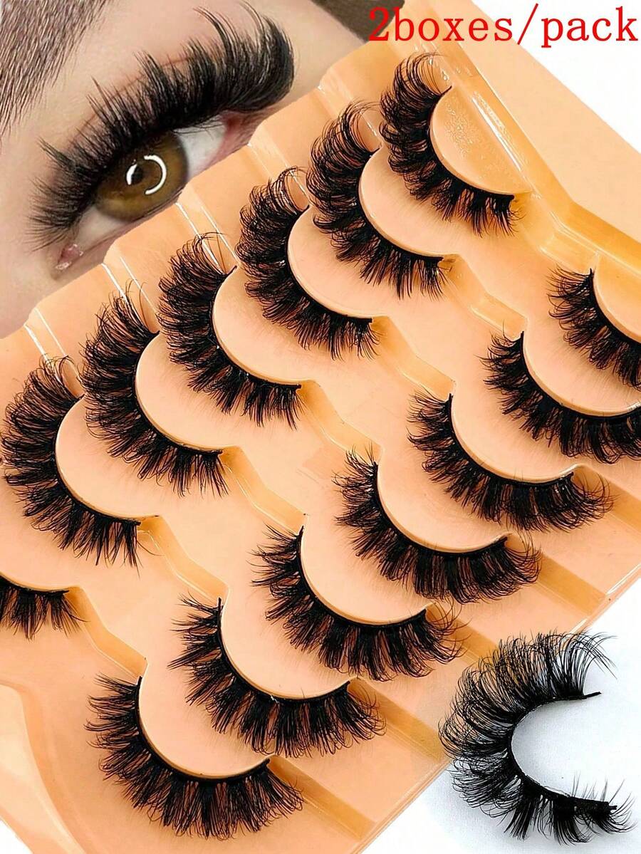 New 2Boxes/14Pairs Natural Thick Fluffy Volume False Eyelashes Dramatic Messy Mink Lashes Wispy Long 8D Volume Lasting Wispy False Eyelash Strips Foxy Eye Lifting Look Extension Full Eyelash Strip To Lengthen And Volumize The Outer Corner Of Your Eye - 黑色 - 查看 1