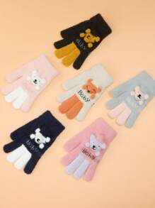 1 双儿童 6-12 岁保暖五指针织手套，可爱卡通设计，适合男孩和女孩，秋冬