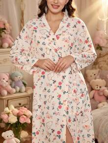 Damska sukienka-szlafrok w kwiaty – długi rękaw, dekolt w serek, miękka koszula nocna do domu i na jesień