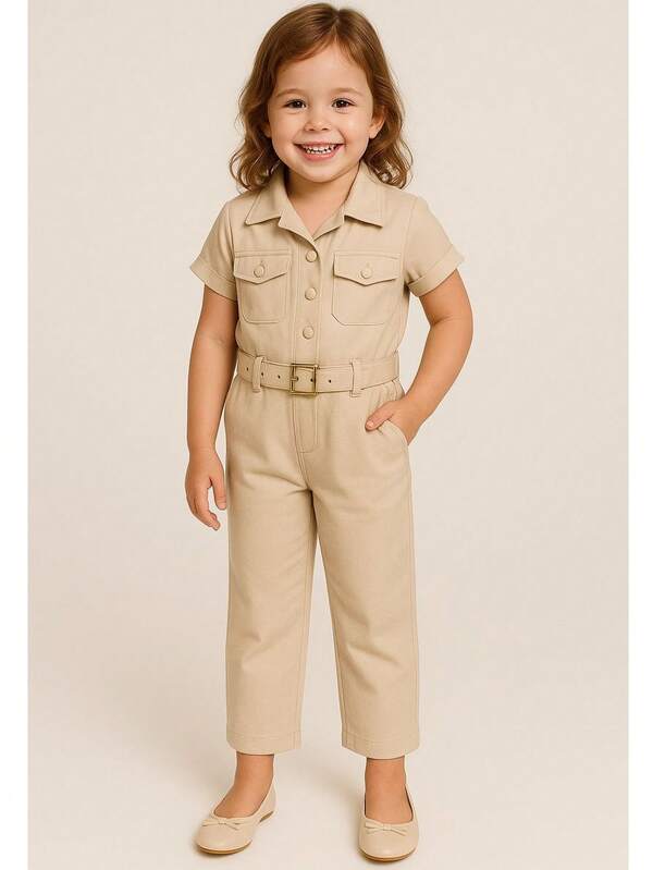 Pequeninos Kids - Macacão Infantil Menina Safari Elegante Preto/Bege com Cinto | Qualidade Premium