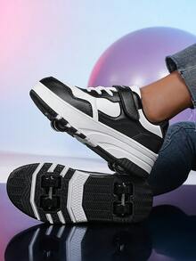 2025新款青少年鞋，男女通用拼色拼接皮革TPR厚底钩环字母休闲鞋，可拆卸双轮，时尚青少年轮滑运动鞋 - 黑與白 - 查看 3