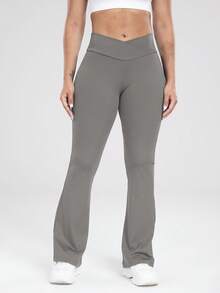 3-Pack Women's Flare Leg Yoga Pants - High-Waisted Cross Waistband, Smooth Stretchy Knit Fabric - All-Season Sports Leggings | Tummy Control | Butt Lifting Design - 黑黑灰 - 查看 4