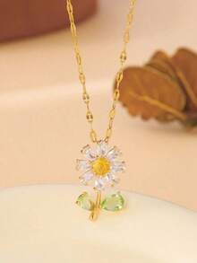 1pc Women's Fashionable Stainless Steel Chain Necklace With Fully Studded Cubic Zirconia Flower Pendant, Luxury & Vintage Style Steel Necklace Locking Collarbone, Slight Valentines,Mom,Mother,Mother's Day, - 金黃色 - 查看 3