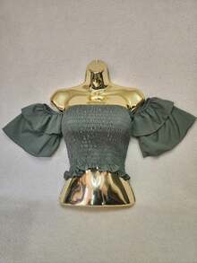 Simple Ruffle Hem Pleated Gathered - Olive Green - View 2