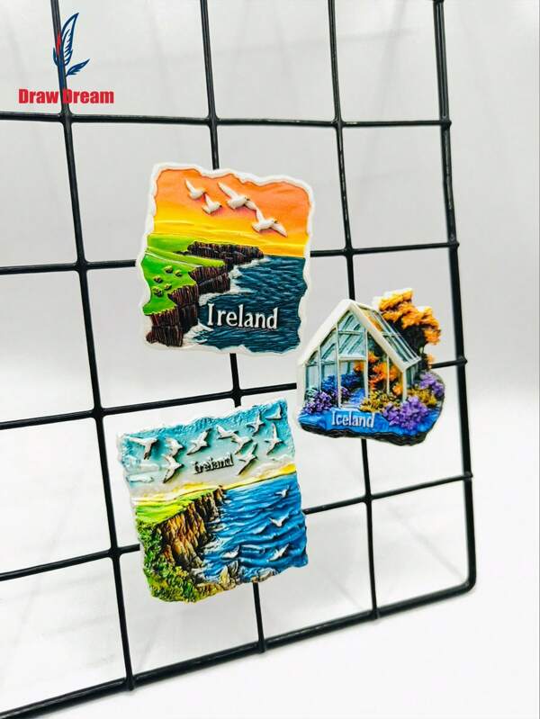 1PC Iceland Glass House & Ireland Green Cliff 3D Flat Resin Fridge Magnet, Famous Travel Attractions Souvenir Fridge Magnet, Home, Kitchen, Room Decorative Ornaments Crafts