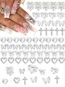 60PCS Silver Nail Charms 3D Bows For Nails 8 Shapes Butterfly Nail Charms Shiny Crystal Heart Nail Charms Alloy Silver Nail - Bạc - Xem 2