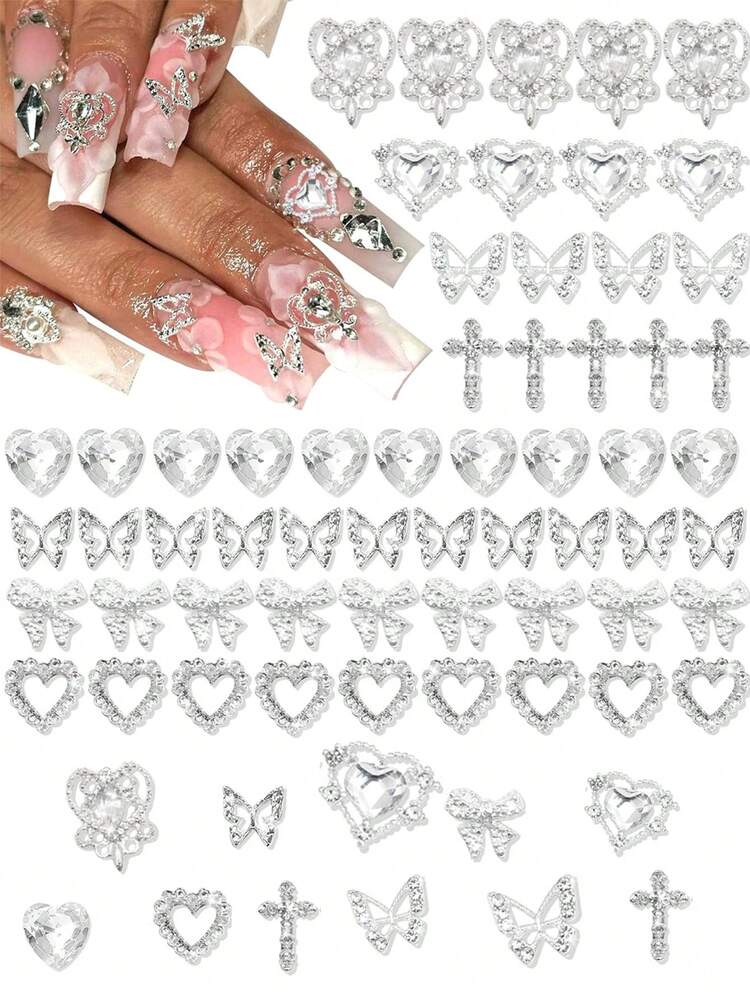 60PCS Silver Nail Charms 3D Bows For Nails 8 Shapes Butterfly Nail Charms Shiny Crystal Heart Nail Charms Alloy Silver Nail - 銀色 - 查看 2