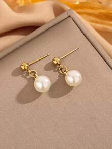 1 对（2 件）日韩风格优雅珍珠耳环，精致设计，适合秋冬 - 金色 - 查看 4