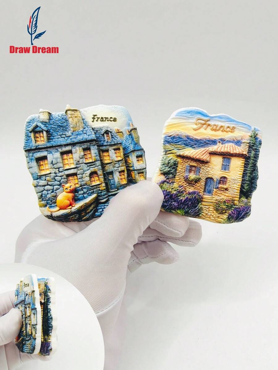 1PC French Stone Town 3D Three-Dimensional Flat Resin Refrigerator Magnet, Creative Retro Travel Souvenir Refrigerator Magnet, Home, Kitchen, Room Decoration Ornaments Crafts - Color - View 1