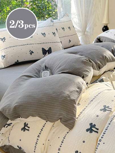 Juego de 2/3 piezas de funda nórdica y funda de almohada con lazo negro, gris oscuro, súper suave, estilo estudiantil, dulce y lindo, adecuado para cama doble, queen, king, para primavera/verano