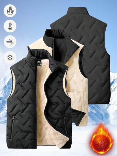 1pc Men's Outdoor Fleece Vest, Autumn/Winter Warm Padded Stand Collar Sleeveless Jacket