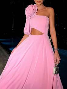 Show-Stopping 3D Floral Gown - One-Shoulder Evening Dress W/ Waist Cutouts & Dramatic Full Skirt | Black Tie Wedding Guest & Red Carpet Dress