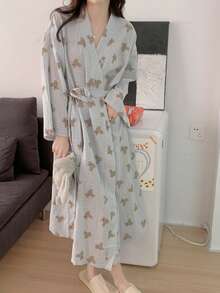 1pc Women's Robe, European & American Style Simple Long Sleeve Bathrobe, Sweet And Cute Bear Pattern, Thin Solid Color Sleepwear, Loungewear, Spring/Autumn - Baby Blue - View 5
