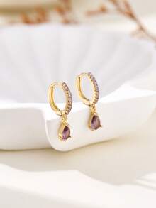 2 件法式风格小众高端彩色水滴形锆石女士耳环，女士珠宝，适合日常通勤、派对、节日、街头摄影等 - 紫色 - 查看 2