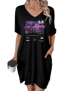 Los Angeles Cityscape With Palm Trees And Neon Text Summer Dresses For Women Casual Sundress Beach Pocket Loose Plus - 黑色 - 查看 1