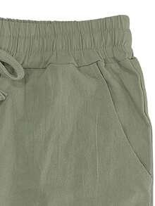 Pantalones de lino livianos de unicolor para hombres, cómodos de usar, adecuados para la playa, vacaciones, deportes casuales, otoño - Verde militar - Ver 4