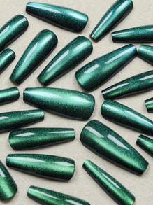 24 件长款棺材风格指甲贴，简约纯绿色猫眼设计，自然美甲套装（包含：1 件果冻凝胶、1 个指甲锉），适合女性日常约会、派对