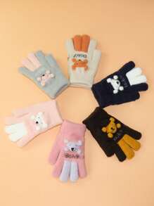 1 双儿童 6-12 岁保暖五指针织手套，可爱卡通设计，适合男孩和女孩，秋冬
