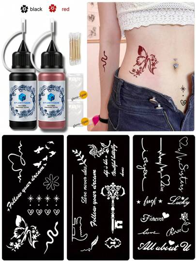 彩色纹身染料膏和镂空纹身模板组合套装（3张纹身贴纸+2瓶染料膏）半永久性海娜纹身模板DIY人体艺术蝴蝶花朵飞鸟星月图案男女通用，可用于手背、脚背、肩膀、脖子、锁骨、身体皮肤等部位，防水仿真纹身套装