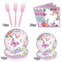 42 Stück Schmetterling Geburtstags Party Zubehör Einweg Pappteller Servietten Becher Tischdecken und Banner für Schmetterling Geburtstagsdekoration