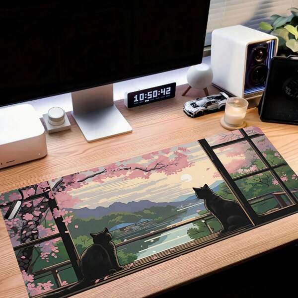 1pc Japanese Cherry Blossom & Black Cat Mouse Pad - Smooth, Non-Slip Rubber Base Desk Mat With Stitched Edging, Waterproof & Durable, Suitable For Office/Home, Ideal For Keyboard And Mouse, Home Desk Mat | Mural Desk Pad | Smooth Surface Pad, Mouse Mat,For School Supplies,Back To School