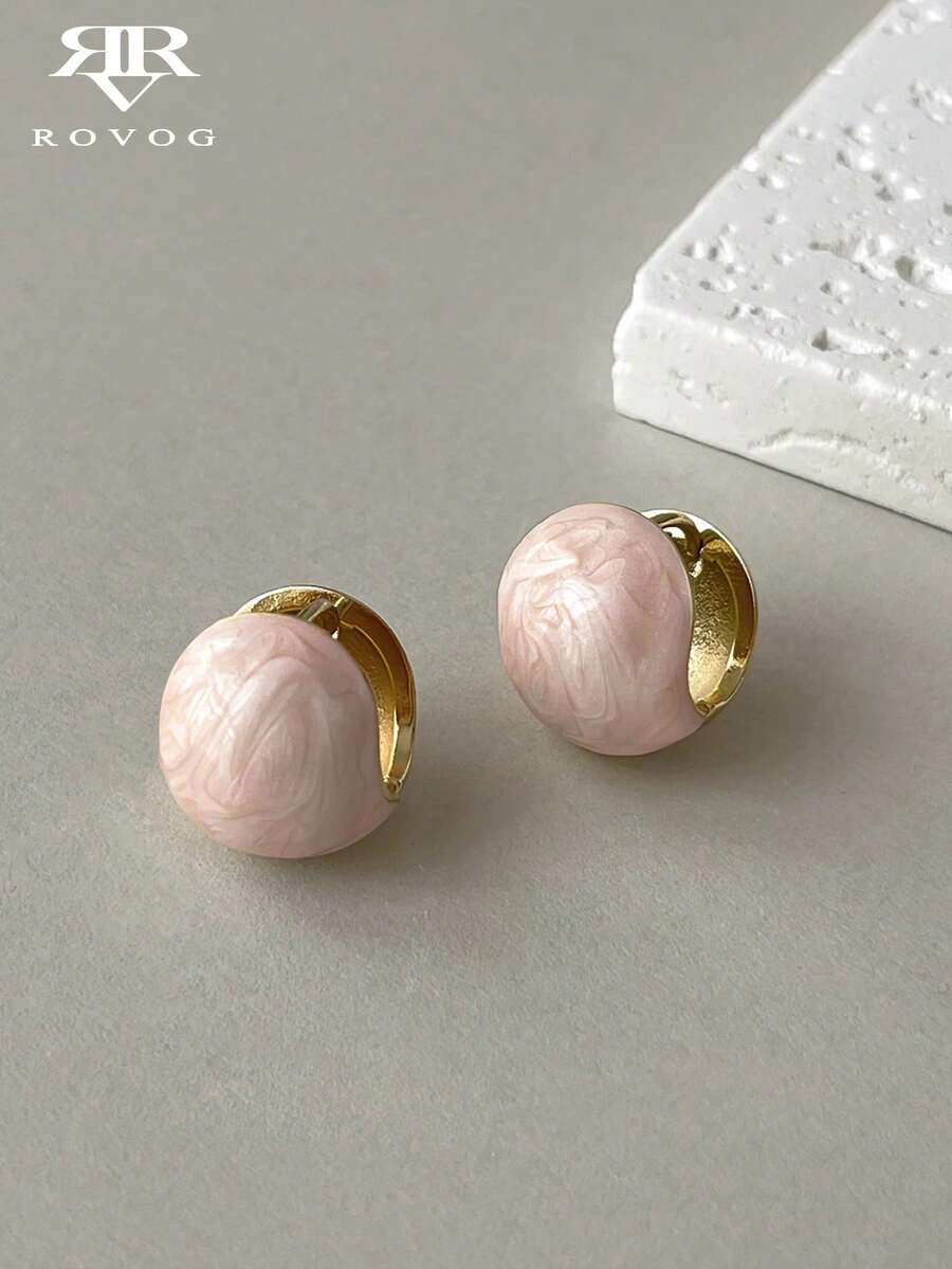 1 对复古法式优雅高端简约珐琅球形设计女士日常通勤约会百搭时尚圈形耳环