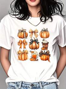 Vintage Bow Graphic Print Short Sleeve Tees, Casual Tops For Daily Life, 220g