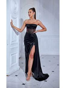 High-Grade Long Skirt Korean Velvet Tube Top Sexy Party Evening Dress Women's Dress - màu đen - Xem 1