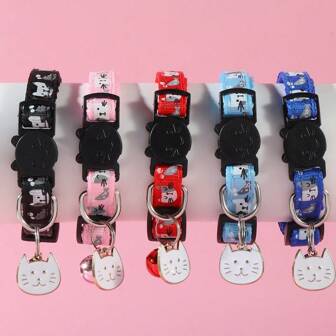 1pc Adjustable Cartoon Cat Collar With Bell, Polyester Fiber, Breakaway Buckle - Essential, Pet Accessories For Cats And Small Dogs