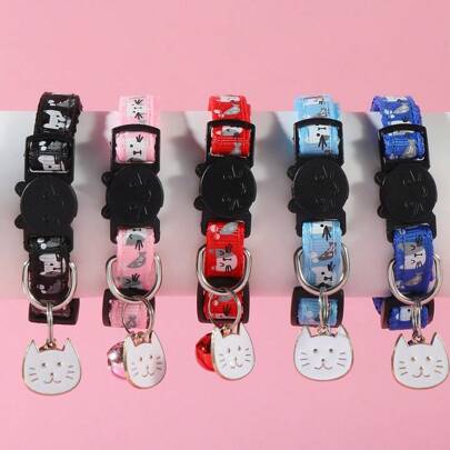 1pc Adjustable Cartoon Cat Collar With Bell, Polyester Fiber, Breakaway Buckle - Essential, Pet Accessories For Cats And Small Dogs