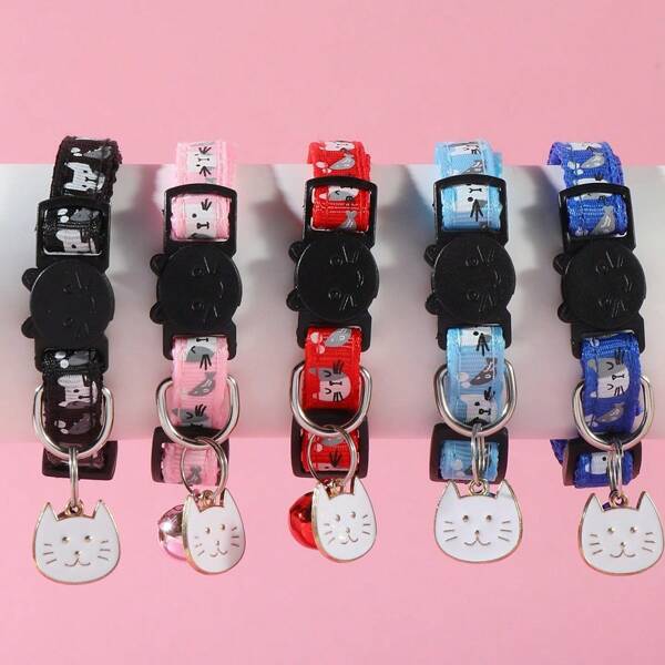 1pc Adjustable Cartoon Cat Collar With Bell, Polyester Fiber, Breakaway Buckle - Essential, Pet Accessories For Cats And Small Dogs