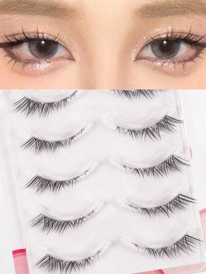 5 Pairs Transparent Handle Diagonal Fox-Style False Eyelashes, Lightweight European And American Full-Coverage Design, Thick And Voluminous, Fox Eye Shape. False Eyelashes, Eyelashes, False Eyelashes, False Eyelashes