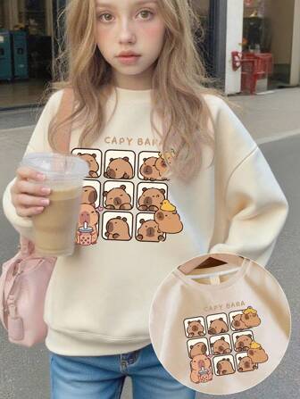 1 Girl's Long Sleeved Round Neck Pullover With "Capybara" Print Pattern, Providing A Comfortable, Fashionable, And Casual New Autumn/Winter Season Top For Young Girls/Tween Girls/Teen Girls