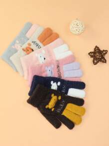 1 双儿童 6-12 岁保暖五指针织手套，可爱卡通设计，适合男孩和女孩，秋冬