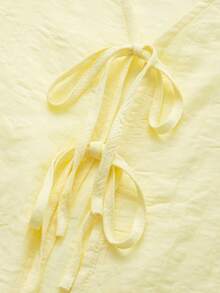 女士奶油黄色休闲宽松系带褶皱肩长袖上衣 - 黃色 - 查看 4