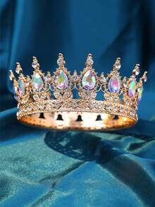 1pc Elegant Women Rhinestone Decor Crown Design Luxury Headband, For Decoration Royal Tiaras Valentine's Day Accessories - 金色 - 查看 24