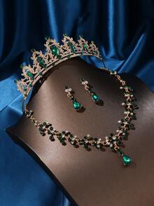 女士头饰和皇冠，头饰耳环项链，水晶新娘首饰套装，适合派对、万圣节、舞会、选美比赛 - 綠色 - 查看 2