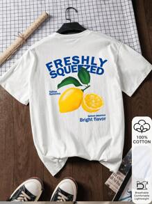 FRESHLY SQUEEZED & Lemon Print, Summer Women's 100% Cotton Short Sleeves, White Short Sleeves, Graphic T-Shirts, White Summer Clothes, Casual Summer Clothes, Cotton T-Shirts