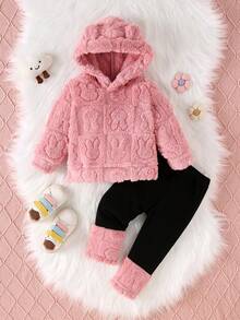 Baby Girls Warm Casual Set, Cute Rabbit Pattern Furry Hooded Jacket And Pants, Autumn/Winter - Pink - View 1