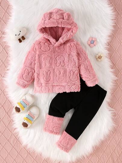 Baby Girls Warm Casual Set, Cute Rabbit Pattern Furry Hooded Jacket And Pants, Autumn/Winter