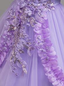 年轻女孩蕾丝串珠花瓣花卉优雅 A 字裙，花童婚礼派对公主礼服鸡尾酒会礼服 - 紫色 - 查看 7