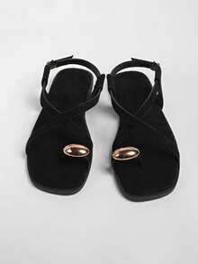Summer New Metal Decor Strap Flat Sandals For Women - Black - View 7