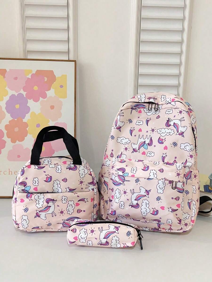 3 Pieces/Set Of Fashionable Printed Leisure Travel Backpack Large Capacity Backpack Childrens Backpack Girls ' Backpack Preparatory Style School Fashion Backpack.BagLarge Capacity.With InsulatedLunch Bag.With Pen Case, Pink For Teen Girls Women College, School Bag Set, School Essential Suff For Women, Girls & Students, Student Bag Sets With Pencil Case - Baby Pink - View 1